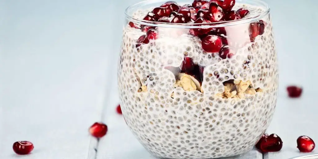 Chia seeds are often added to yogurts or oatmeal dishes. In this picture, it is a cup of soaked chia seeds in yogurt with oats and pomegranate.