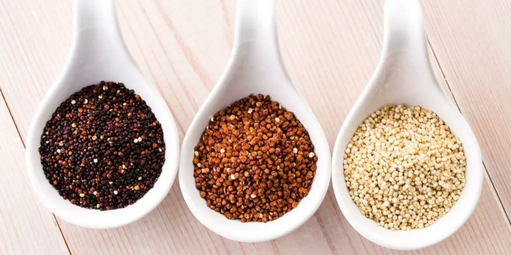 3 types of quinoa pictured. Quinoa can be used as a substitute for chia seeds.