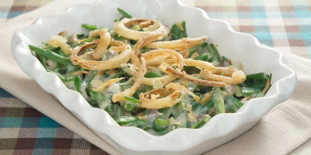 green bean casserole with fried onions on top