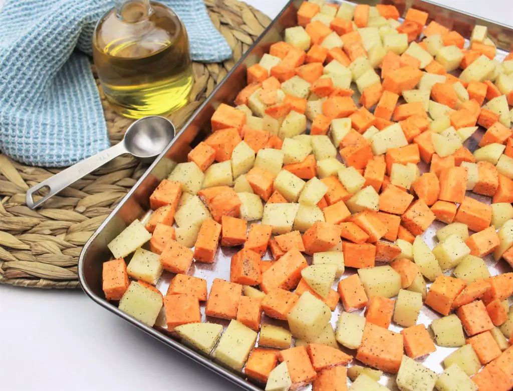 Potato chunks on a pan